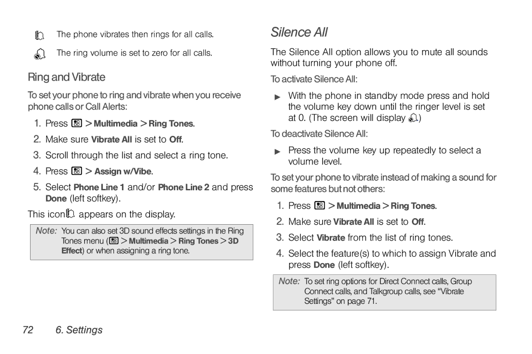 Motorola NNTN7794B manual Silence All, RingandVibrate, ToactivateSilenceAll, TodeactivateSilenceAll, 72 6. Settings 