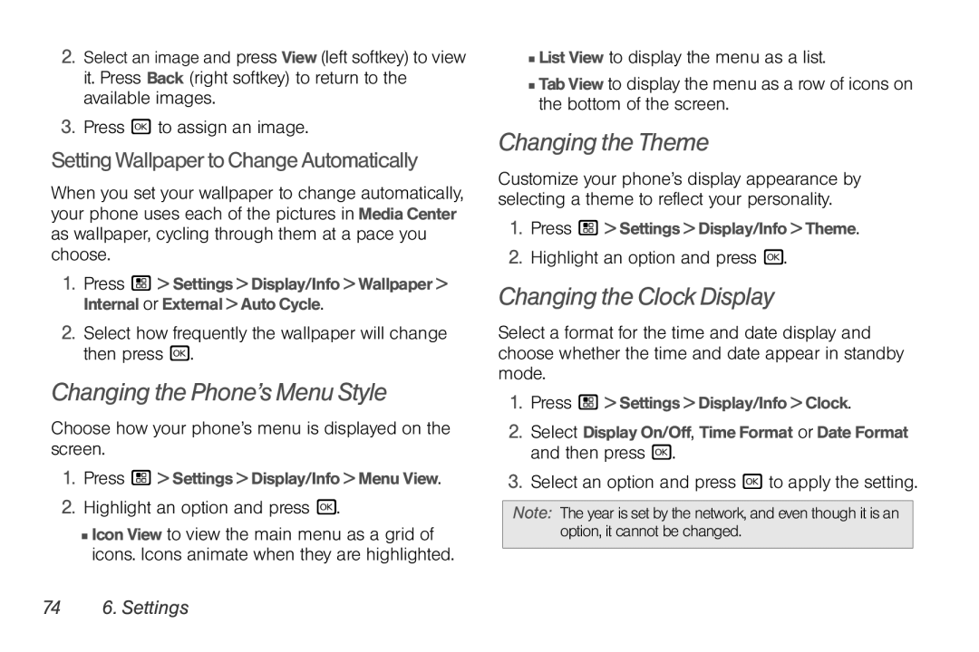 Motorola NNTN7794B manual Changing the Phone’s Menu Style, Changing the Theme, Changing the Clock Display, 74 6. Settings 