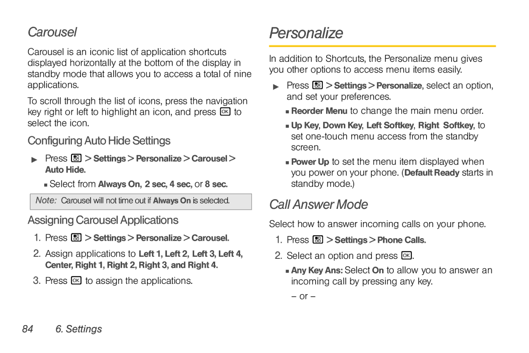 Motorola NNTN7794B manual Personalize, Call Answer Mode, ConfiguringAutoHideSettings, AssigningCarouselApplications 