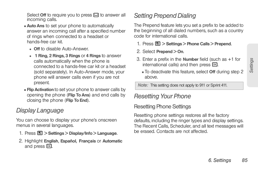 Motorola NNTN7794B manual Display Language, Setting Prepend Dialing, Resetting Your Phone, ResettingPhoneSettings 