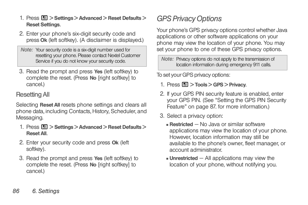 Motorola NNTN7794B manual GPS Privacy Options, ResettingAll, TosetyourGPSprivacyoptions, 86 6. Settings 