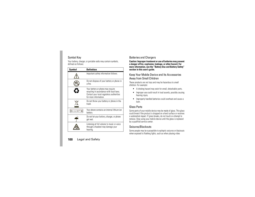 Motorola NNTN7795B manual Symbol Key, Glass Parts, Seizures/Blackouts 