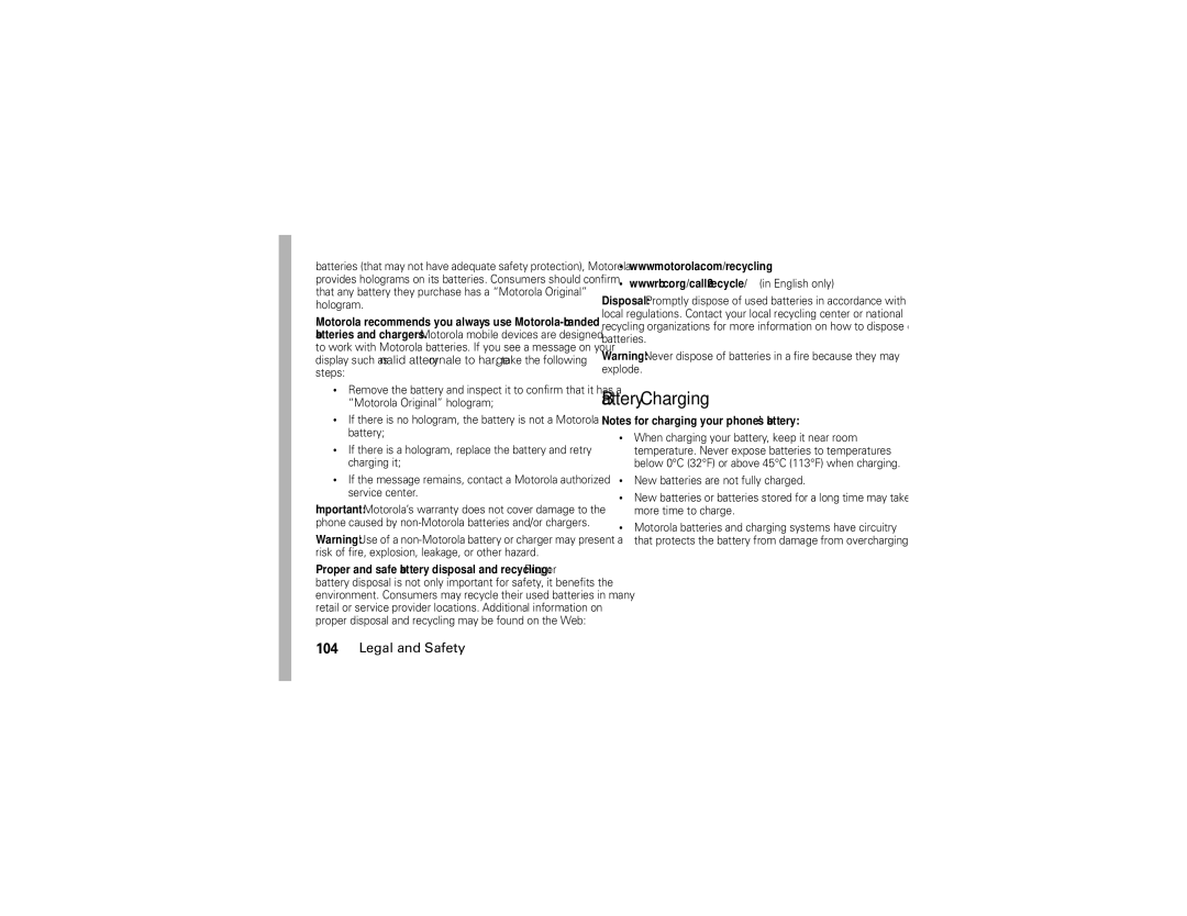 Motorola NNTN7795B manual Battery Charging 