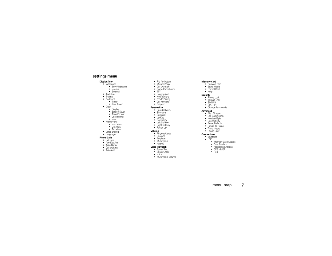 Motorola NNTN7795B manual Settings menu, Memory Card 