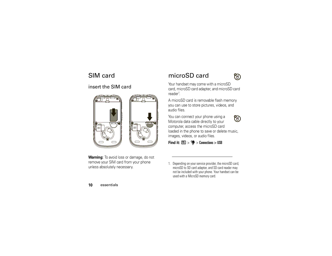 Motorola NNTN7795B manual MicroSD card, Insert the SIM card, Find it / u Connections USB 