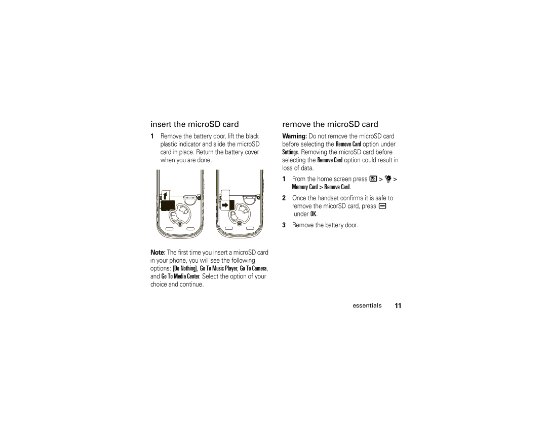 Motorola NNTN7795B manual Insert the microSD card, Remove the microSD card, Memory Card Remove Card 