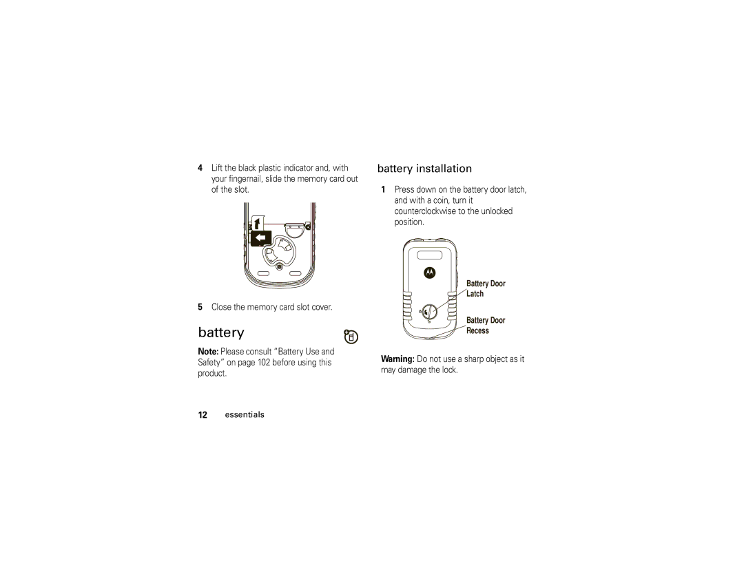 Motorola NNTN7795B manual Battery installation 