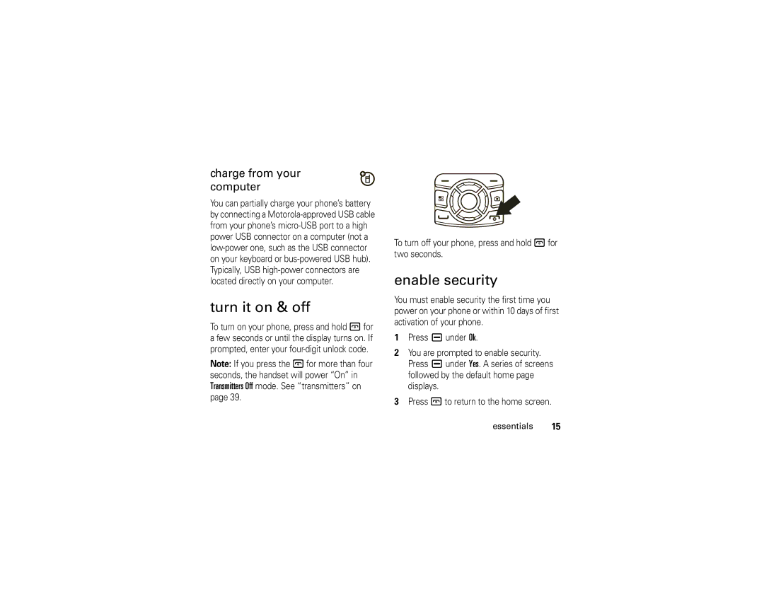 Motorola NNTN7795B manual Turn it on & off, Enable security, Charge from your computer 