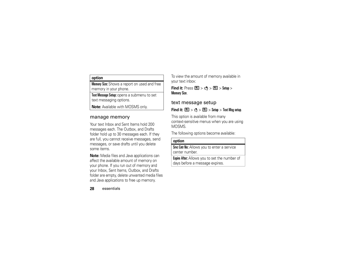 Motorola NNTN7795B manual Manage memory, Text message setup, Find it / E / Setup Text Msg setup 