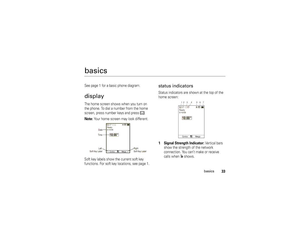 Motorola NNTN7795B manual Basics, Display, Status indicators 