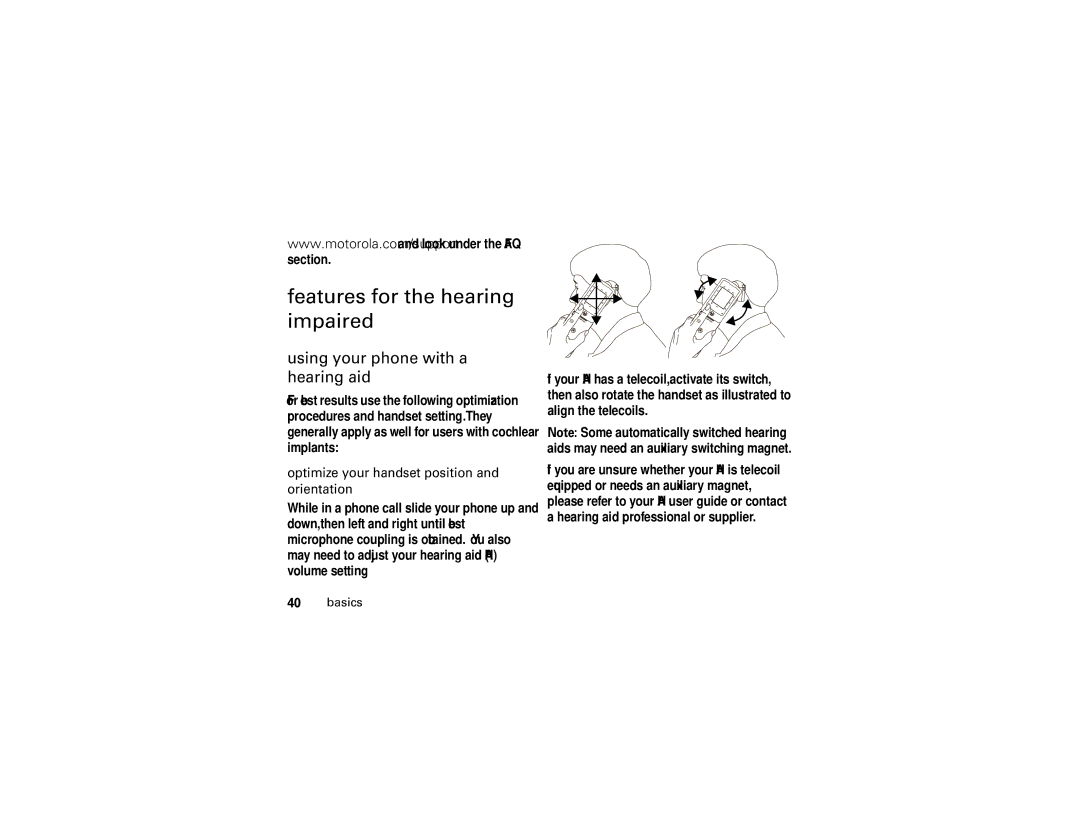 Motorola NNTN7795B manual Features for the hearing impaired, Using your phone with a hearing aid, Section 