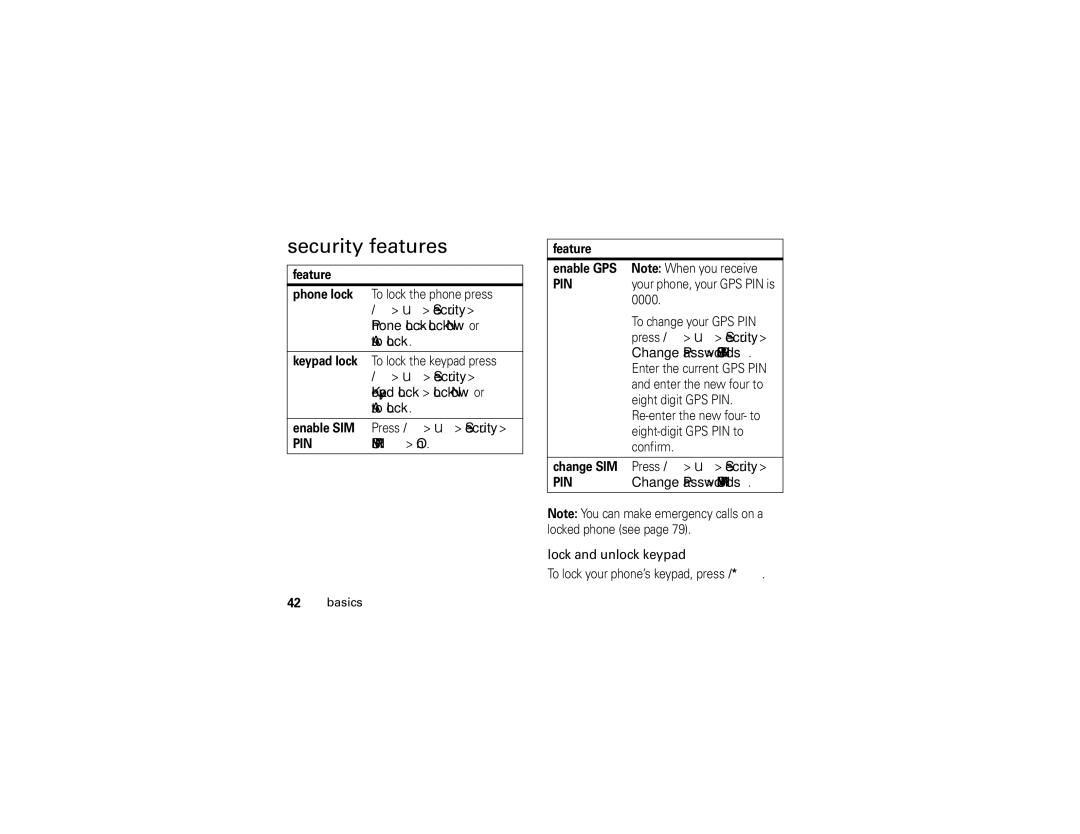 Motorola NNTN7795B manual Security features, Enable SIM Press / u Security, Feature Enable GPS, Change SIM 