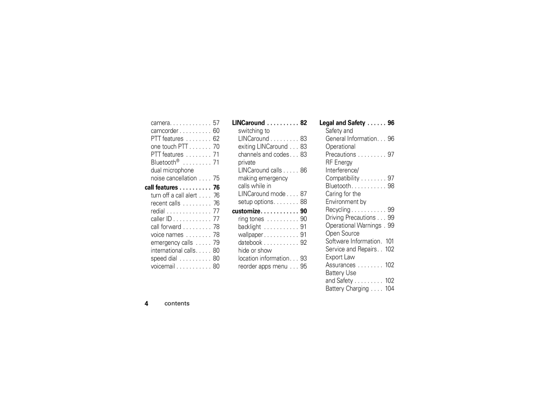 Motorola NNTN7795B manual Call features, LINCaround, Customize, Legal and Safety 