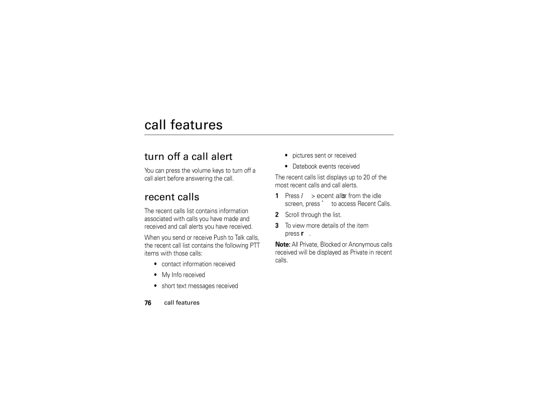 Motorola NNTN7795B manual Call features, Turn off a call alert, Recent calls 