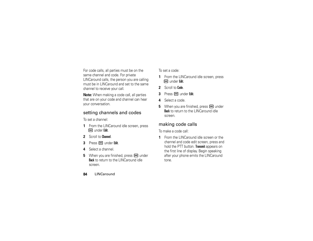 Motorola NNTN7795B manual Setting channels and codes, Making code calls 