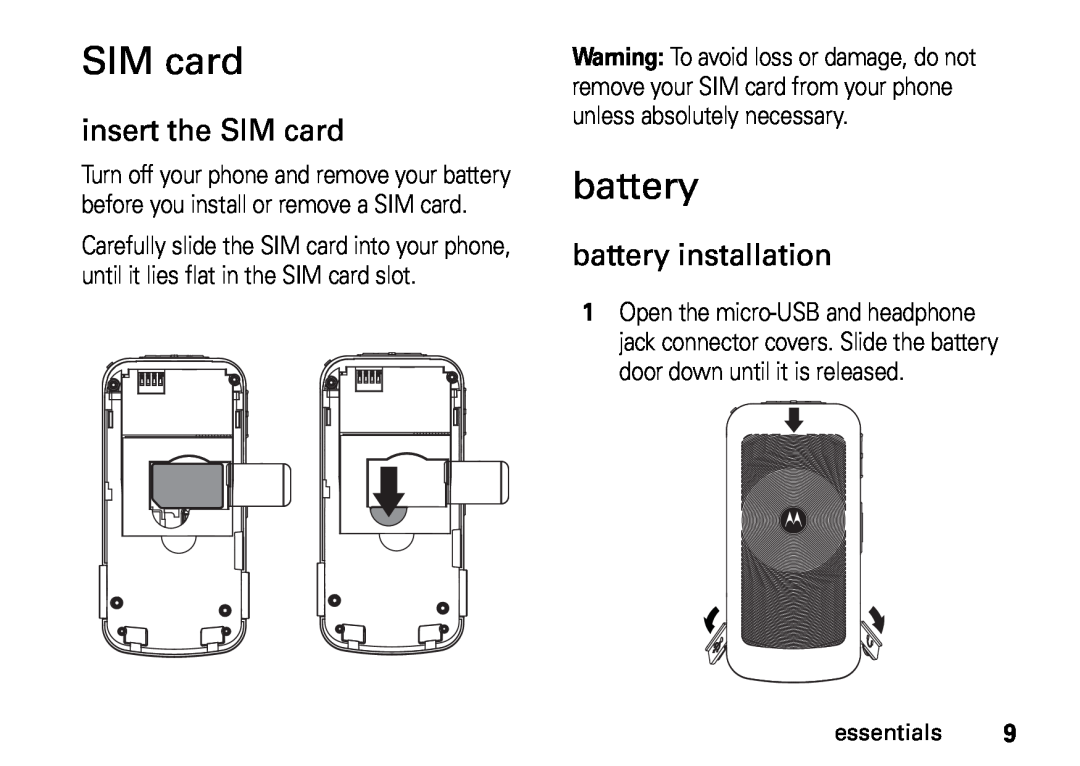 Motorola i410, NNTN7813A, H76XAH6JR7BN manual insert the SIM card, battery installation 