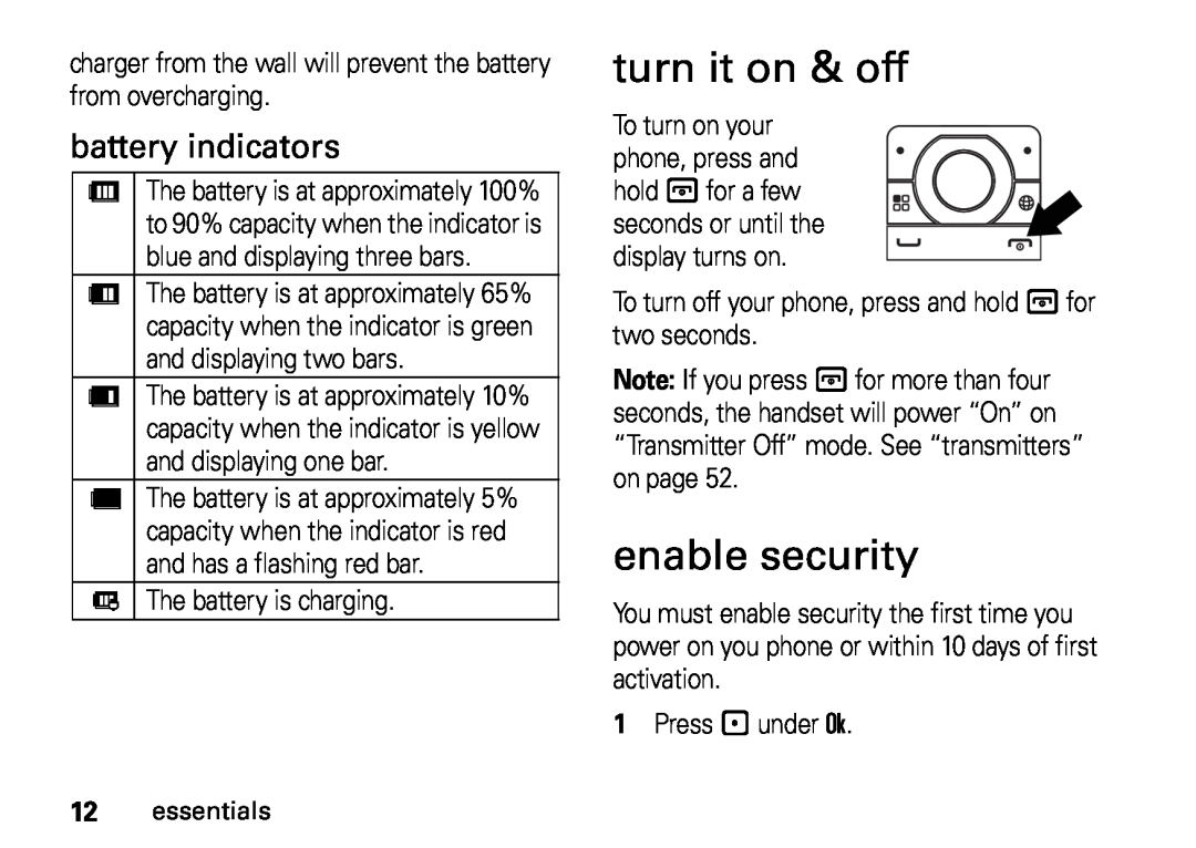 Motorola i410, NNTN7813A, H76XAH6JR7BN manual turn it on & off, enable security, battery indicators 