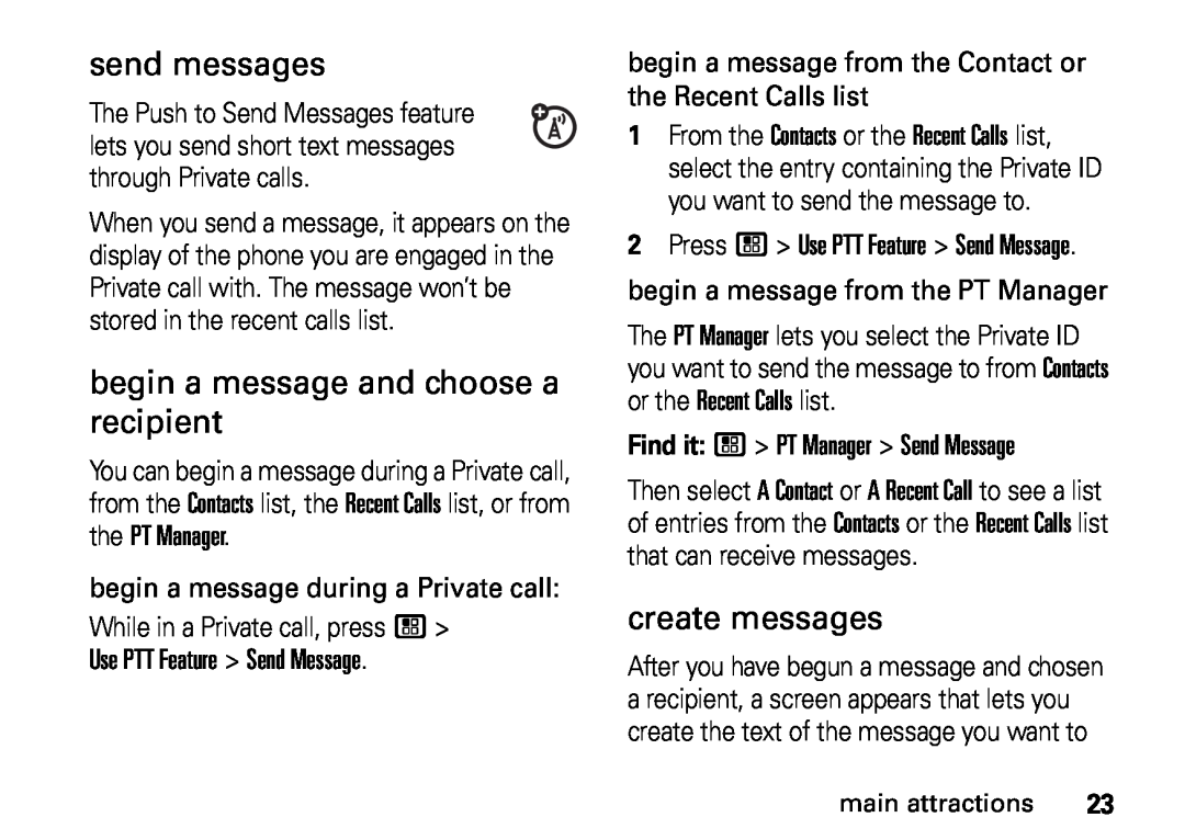 Motorola NNTN7813A send messages, begin a message and choose a recipient, create messages, Use PTT Feature Send Message 