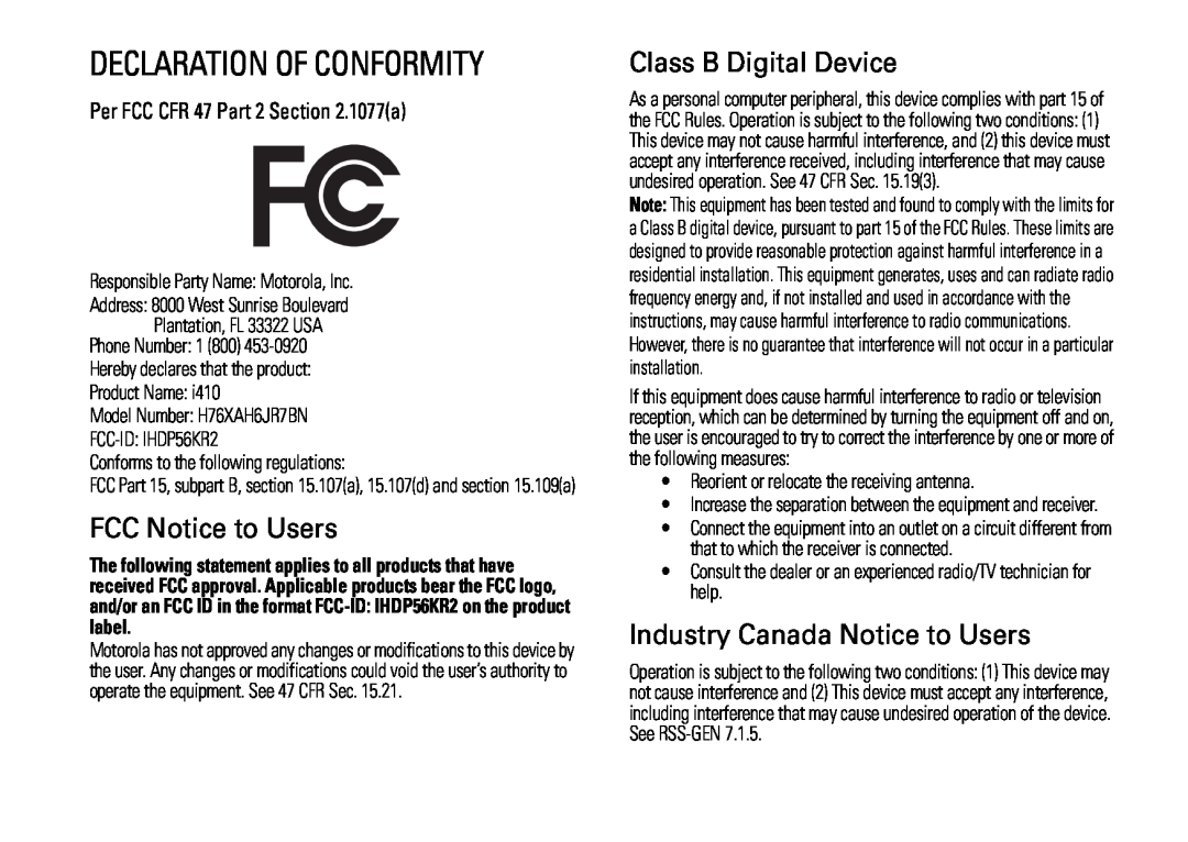Motorola NNTN7813A Declaration Of Conformity, Responsible Party Name Motorola, Inc, Conforms to the following regulations 
