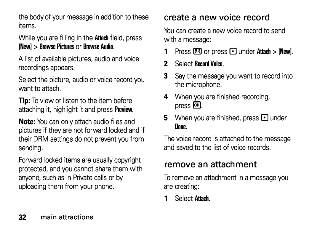Motorola NNTN7813A, i410, H76XAH6JR7BN manual create a new voice record, remove an attachment 