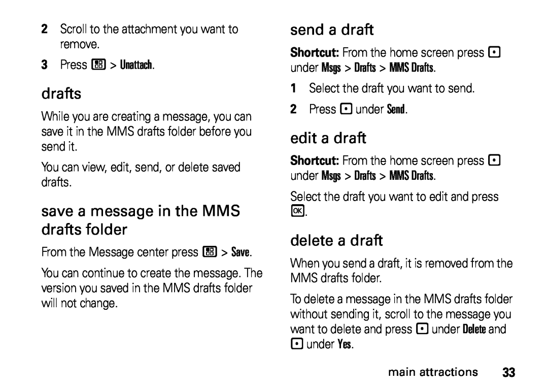 Motorola i410, NNTN7813A manual save a message in the MMS drafts folder, send a draft, edit a draft, delete a draft 