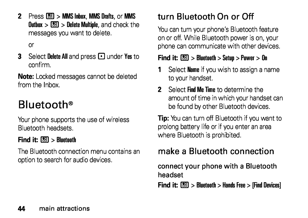 Motorola NNTN7813A, i410, H76XAH6JR7BN manual turn Bluetooth On or Off, make a Bluetooth connection 