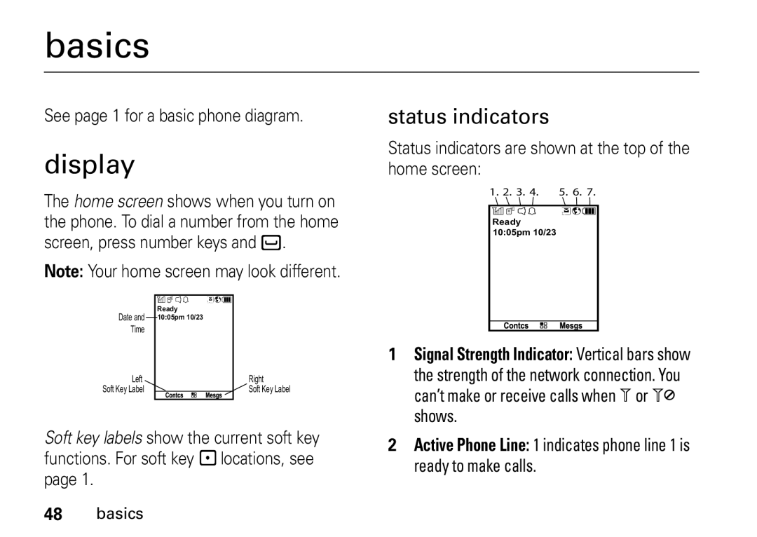 Motorola i410, NNTN7813A, H76XAH6JR7BN manual basics, display, status indicators 