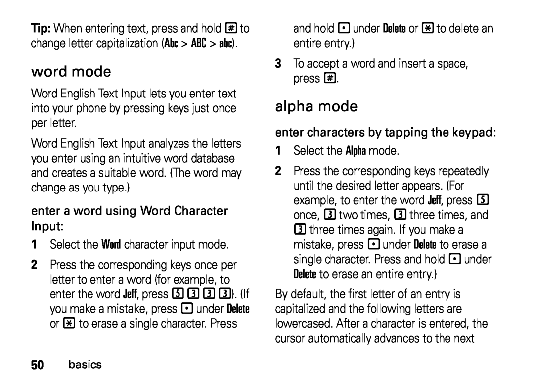 Motorola NNTN7813A word mode, alpha mode, enter a word using Word Character Input, Select the Word character input mode 