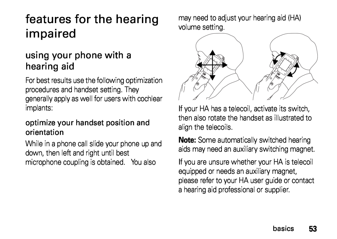 Motorola NNTN7813A, i410, H76XAH6JR7BN manual features for the hearing impaired, using your phone with a hearing aid 