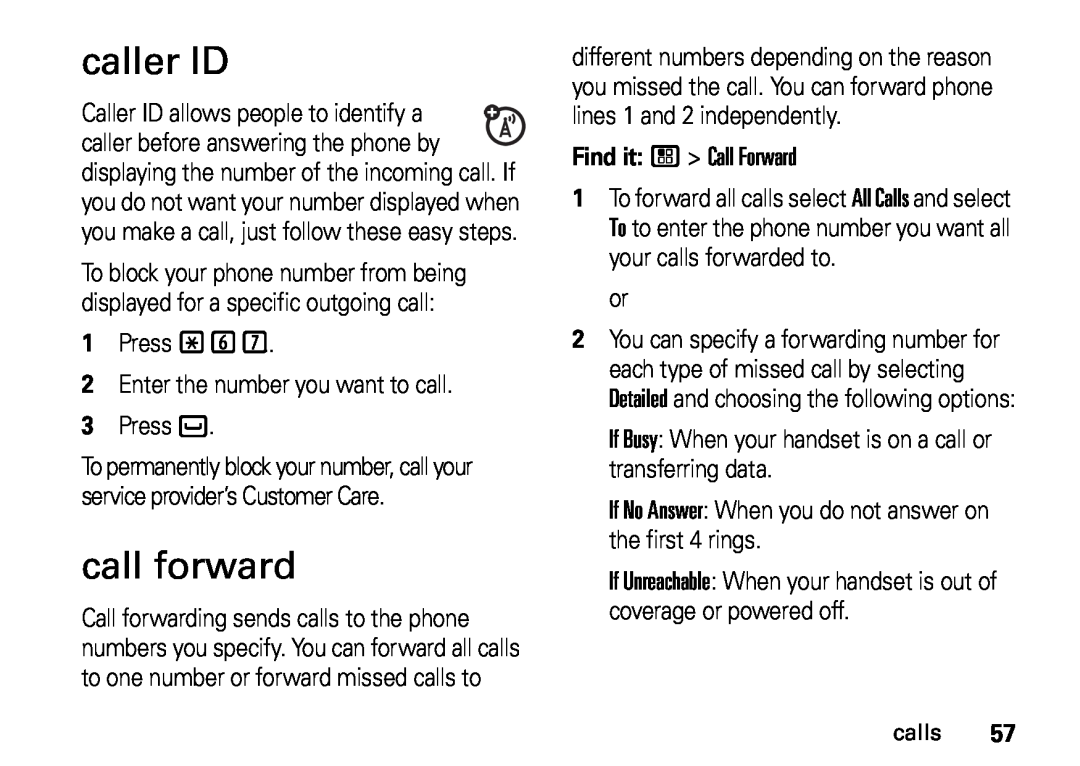Motorola i410, NNTN7813A, H76XAH6JR7BN manual caller ID, call forward, calls 