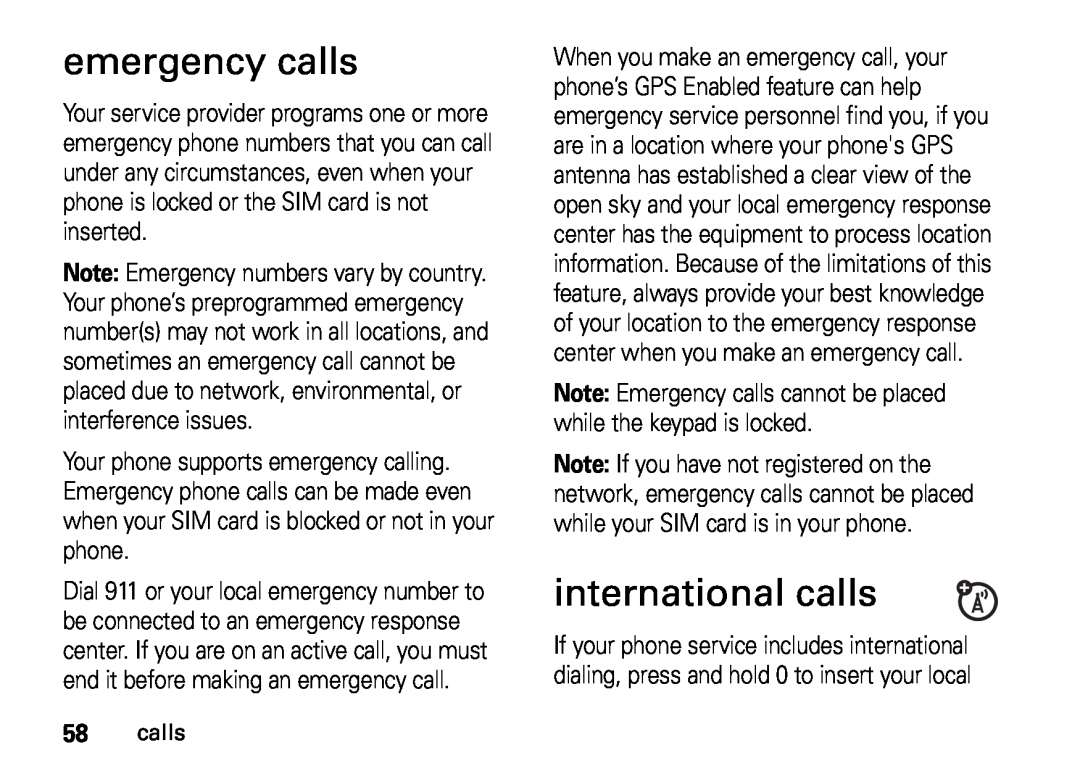 Motorola H76XAH6JR7BN, NNTN7813A, i410 manual emergency calls, international calls 