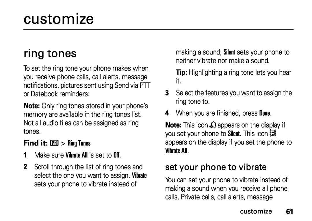 Motorola H76XAH6JR7BN, NNTN7813A, i410 manual customize, ring tones, set your phone to vibrate 