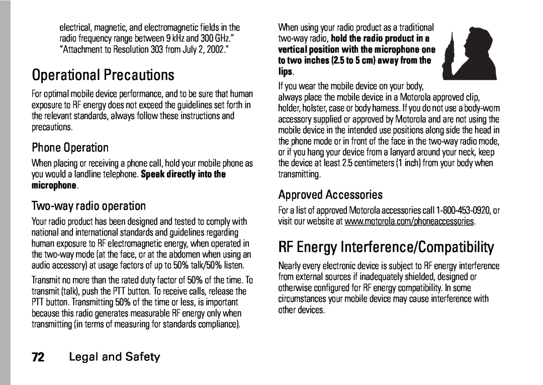 Motorola i410 Operational Precautions, RF Energy Interference/Compatibility, Phone Operation, Two-way radio operation 