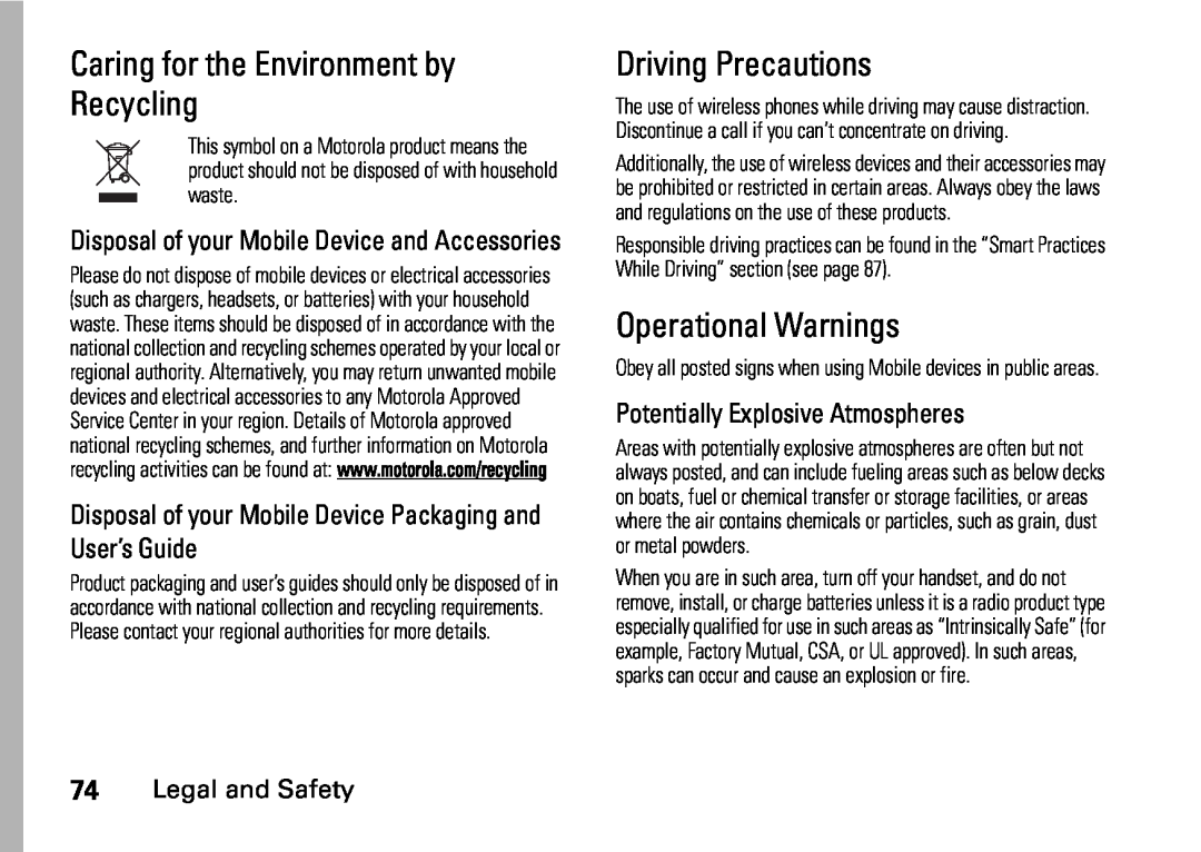 Motorola NNTN7813A Caring for the Environment by Recycling, Driving Precautions, Operational Warnings, Legal and Safety 