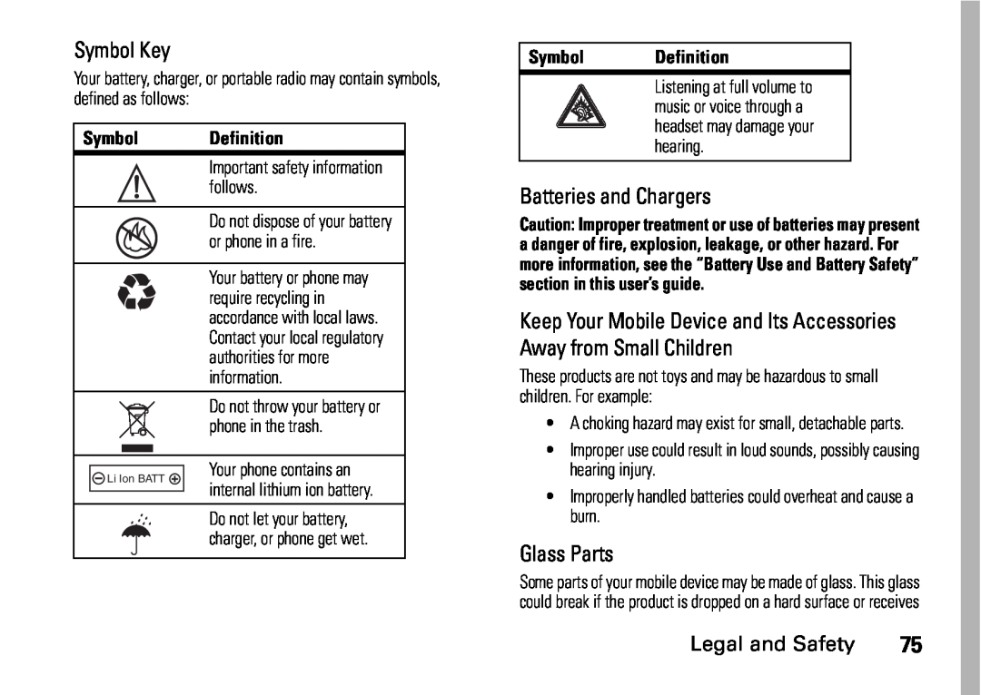 Motorola i410 Keep Your Mobile Device and Its Accessories Away from Small Children, Legal and Safety, Symbol, Definition 