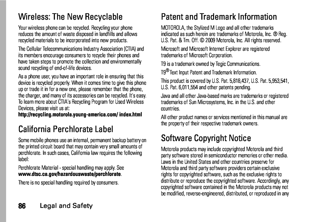 Motorola NNTN7813A, i410 manual Wireless The New Recyclable, California Perchlorate Label, Patent and Trademark Information 