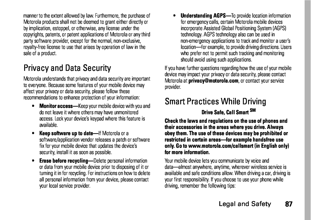 Motorola i410 manual Privacy and Data Security, Smart Practices While Driving, Legal and Safety, Drive Safe, Call Smart SM 