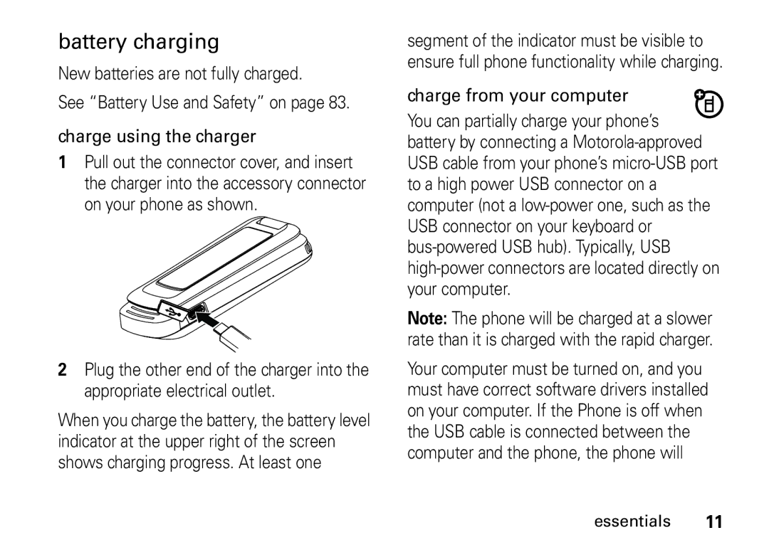 Motorola H76XAH6JR7AN, NNTN7966A manual Battery charging, Charge from your computer 