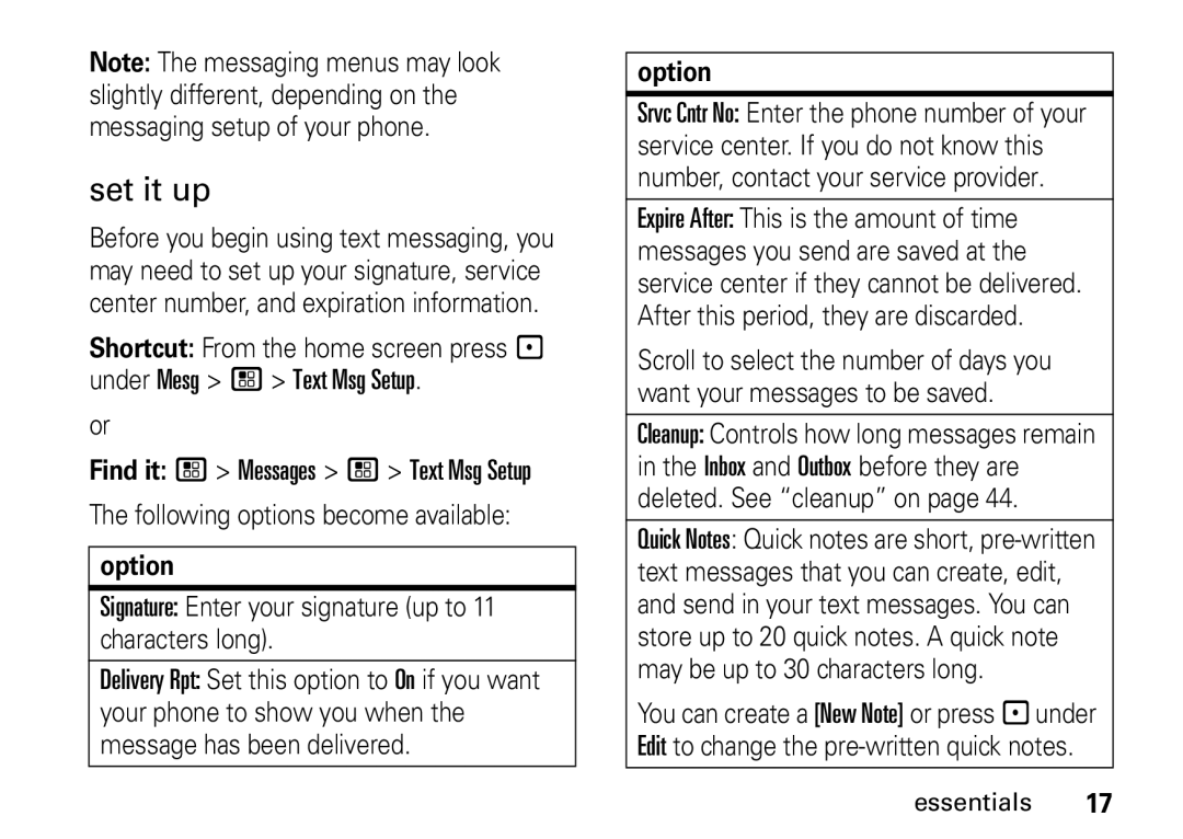 Motorola H76XAH6JR7AN, NNTN7966A manual Set it up, Option, Signature Enter your signature up to 11 characters long 