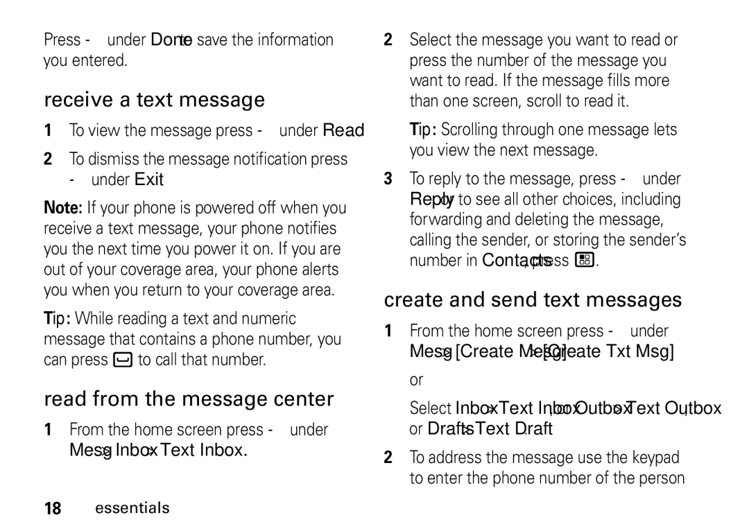 Motorola NNTN7966A, H76XAH6JR7AN manual Receive a text message, Read from the message center, Create and send text messages 