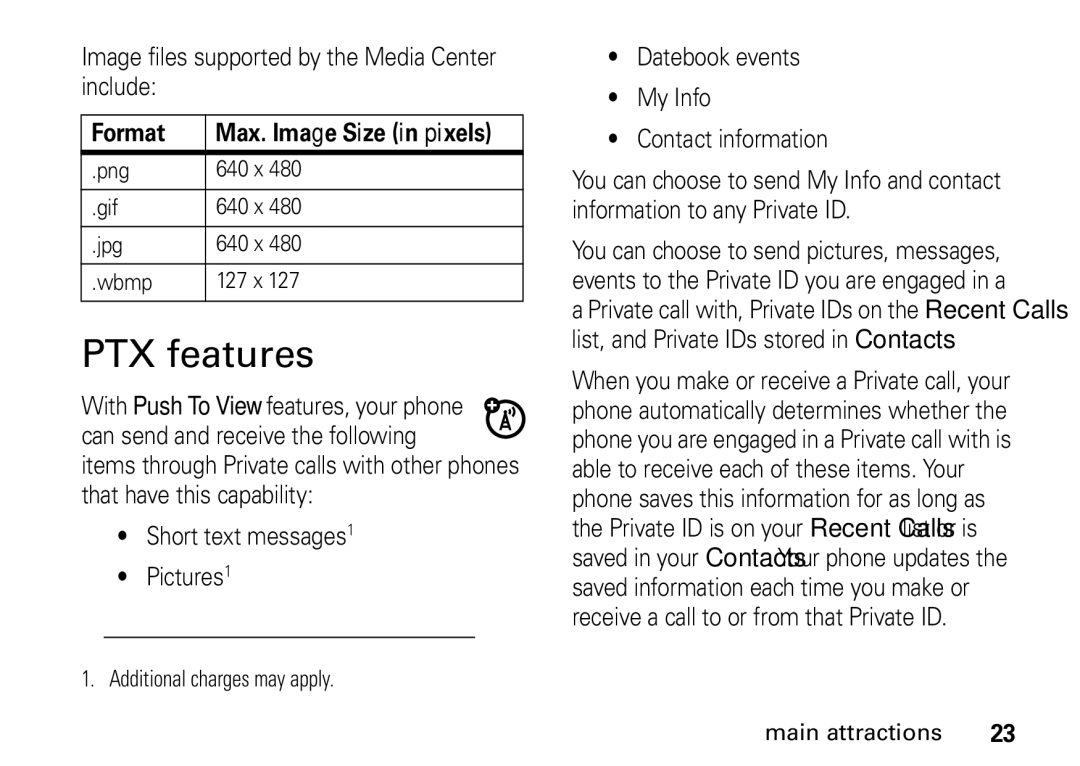 Motorola H76XAH6JR7AN, NNTN7966A manual PTX features, Image files supported by the Media Center include, Format 