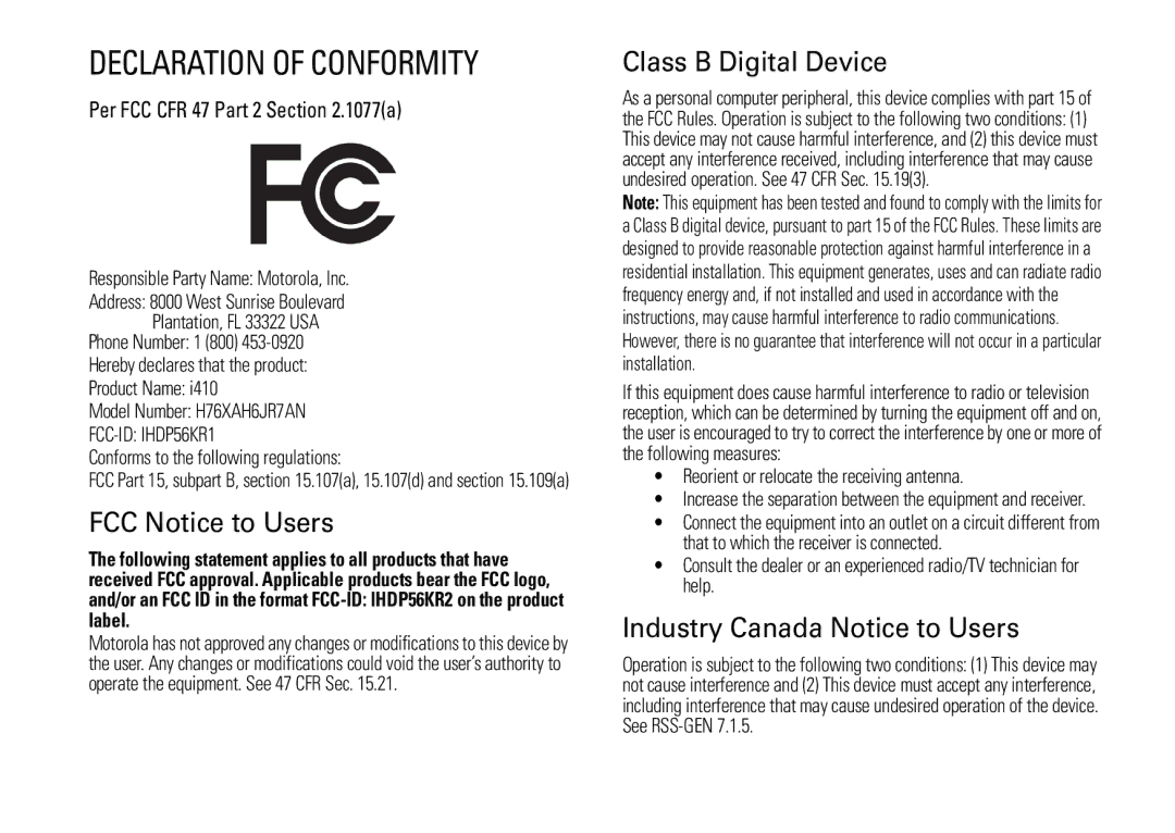 Motorola H76XAH6JR7AN, NNTN7966A manual FCC Notice to Users, Class B Digital Device, Industry Canada Notice to Users 