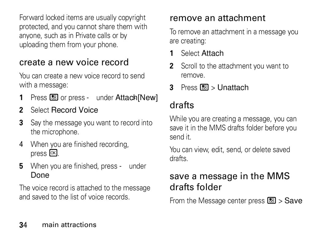 Motorola NNTN7966A manual Create a new voice record, Remove an attachment, Drafts, Save a message in the MMS drafts folder 