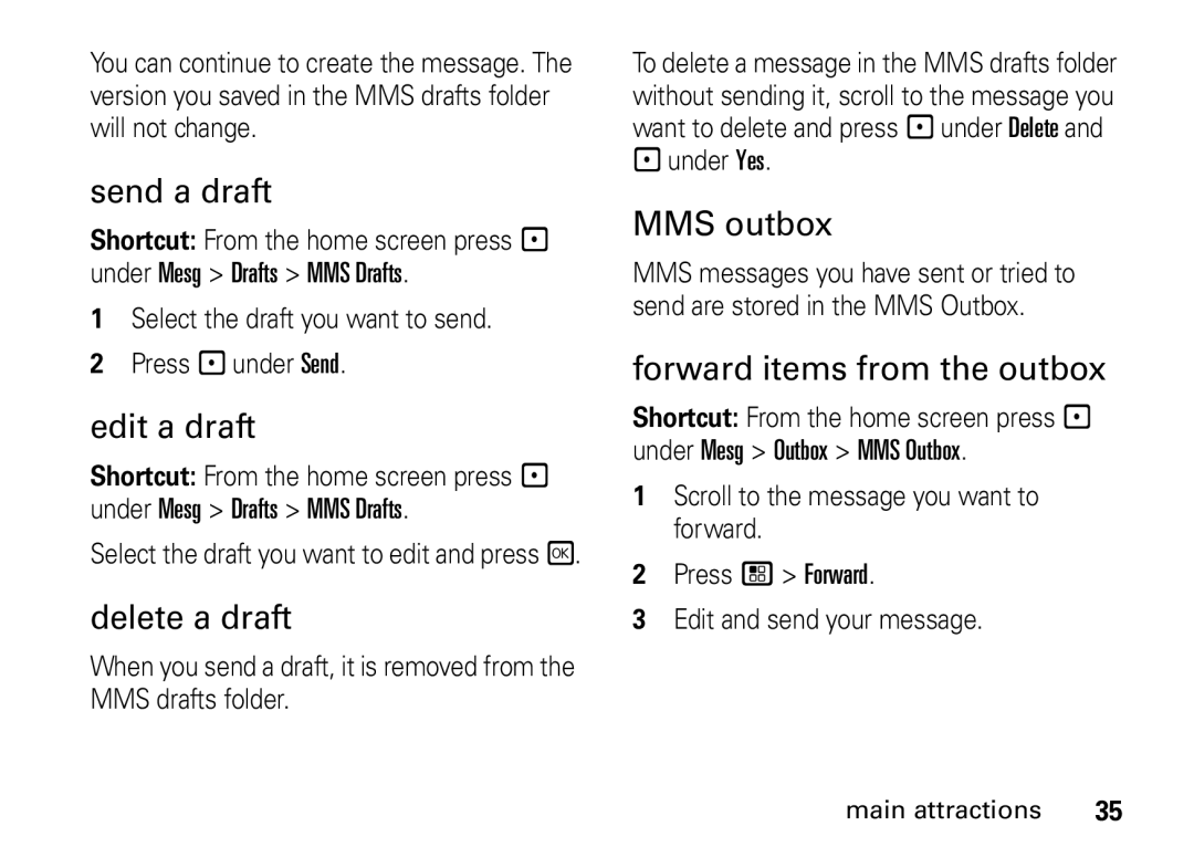 Motorola H76XAH6JR7AN, NNTN7966A Send a draft, Edit a draft, Delete a draft, MMS outbox, Forward items from the outbox 