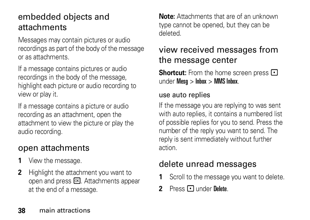 Motorola NNTN7966A Embedded objects and attachments, Open attachments, View received messages from the message center 