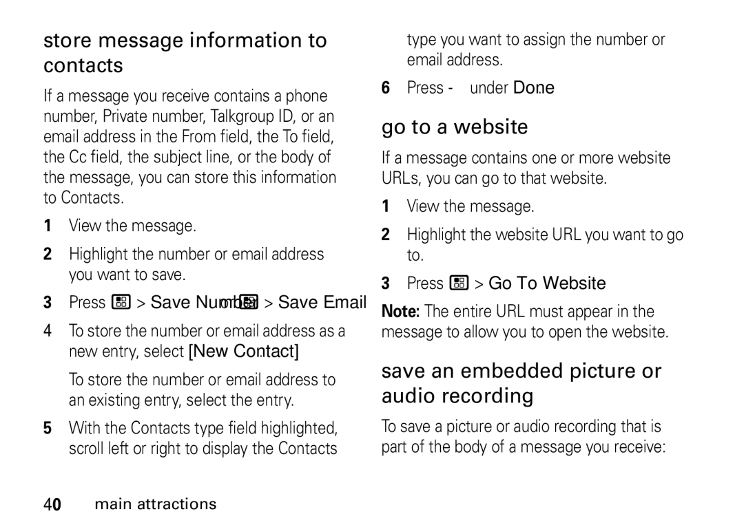 Motorola NNTN7966A, H76XAH6JR7AN manual Store message information to contacts, Save an embedded picture or audio recording 