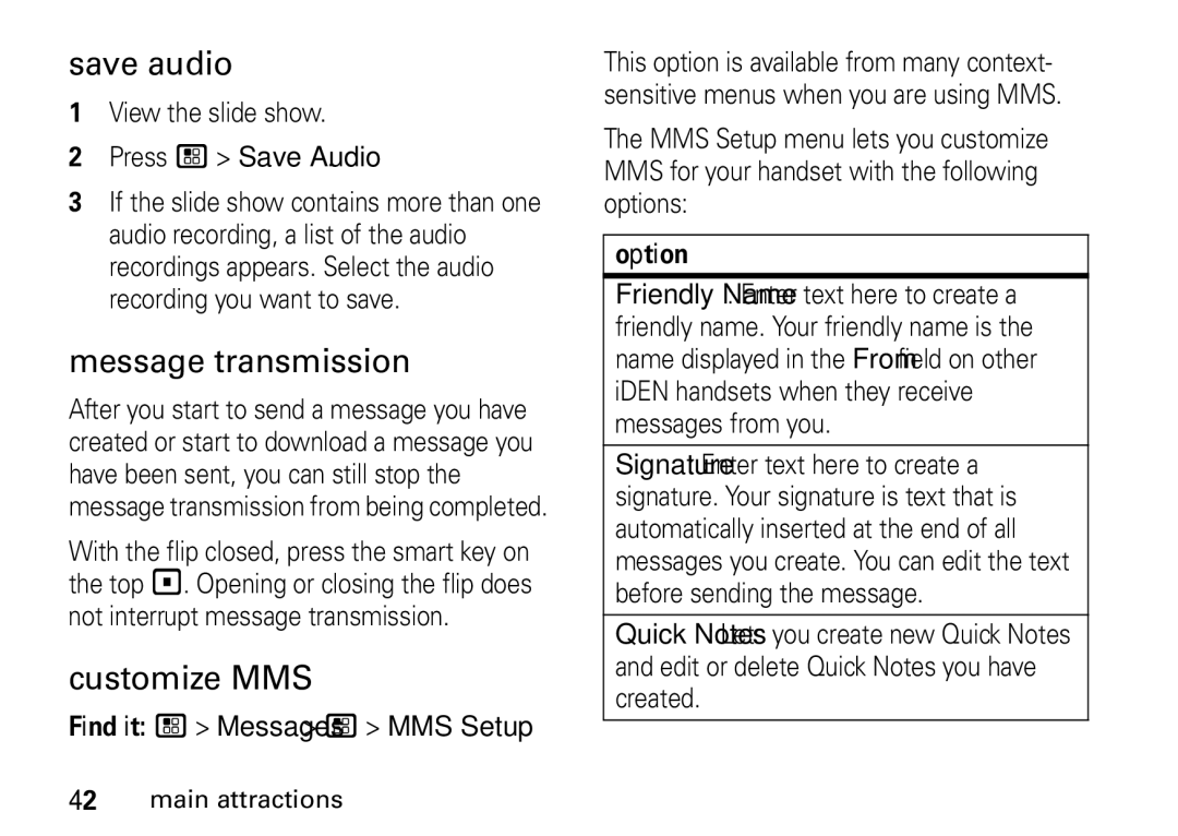 Motorola NNTN7966A, H76XAH6JR7AN Save audio, Message transmission, Customize MMS, View the slide show Press / Save Audio 