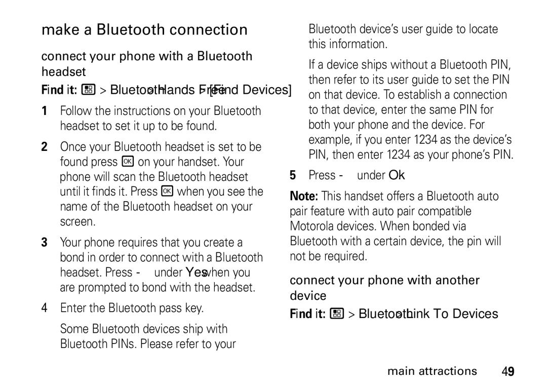 Motorola H76XAH6JR7AN, NNTN7966A manual Make a Bluetooth connection, Connect your phone with a Bluetooth headset 