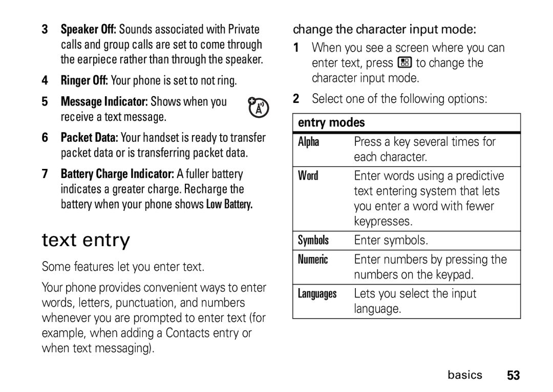 Motorola H76XAH6JR7AN, NNTN7966A manual Text entry, Some features let you enter text, Entry modes 