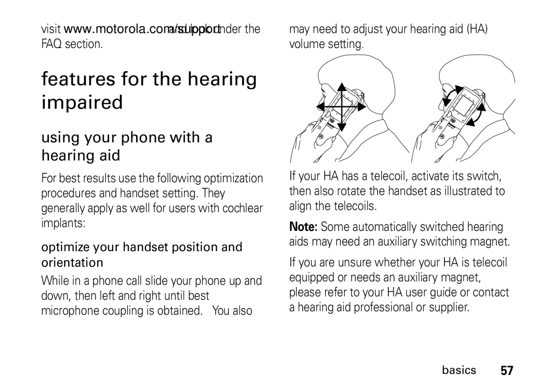 Motorola H76XAH6JR7AN, NNTN7966A manual Features for the hearing impaired, Using your phone with a hearing aid 